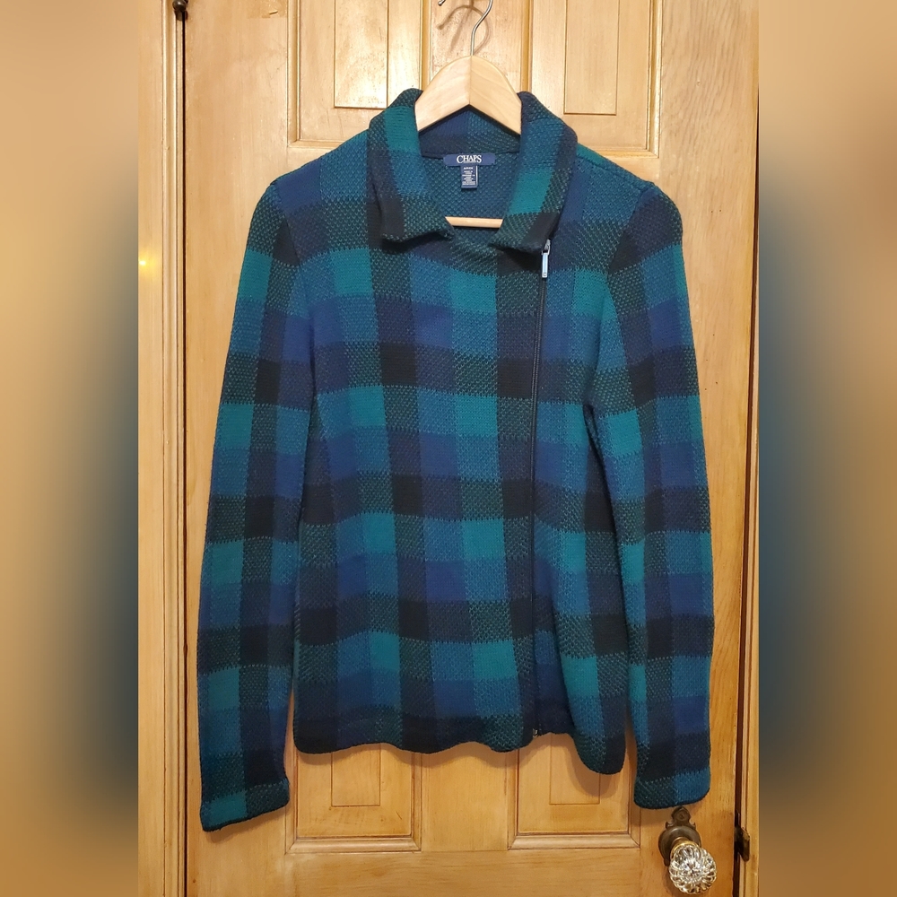 Chaps, Women's Size Small, Blue/Teal Plaid Sweater